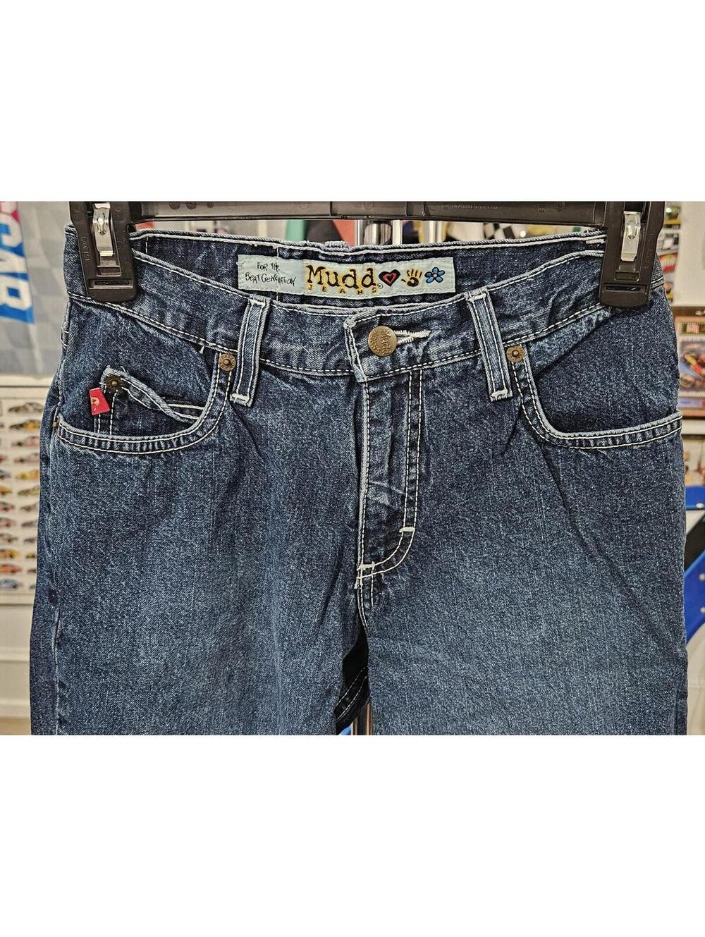Mudd Jeans Dark Wash Boot Cut Jeans White Stitching Size 1 Y2K